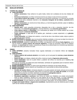Anatomía. Huesos de la Cara

7

VIII

MAXILAR INFERIOR.

1)

CUERPO DEL MAXILAR
a) CARA ANTERIOR:
 Sínfisis mentoniana: línea vertical en la parte media, indicio de la soldadura de las dos mitades del
hueso.
 Eminencia mentoniana: la sínfisis mentoniana termina por abajo en esta eminencia piramidal.
 Línea oblicua externa del maxilar: a cada lado de la eminencia mentoniana, va a terminar en el borde
anterior de la rama, prestando inserción a los músculos triangular de los labios, cuadrante de la
barba y cutáneo.
 Agujero mentoniano: por encima de la línea oblicua y a nivel del segundo premolar; pasan el nervio y
los vasos mentonianos.
b) CARA POSTERIOR:
 Apófisis geni: cuatro pequeñas eminencias, dispuestas dos a dos y presentan inserción, las dos
superiores, a los músculos genioglosos, y las dos inferiores, a los músculos genihioideos.
 Línea oblicua interna o milohioidea: va a confundirse por detrás con el borde anterior de la rama;
presta inserción al músculo milohioideo.
 Fosita sublingual: a cada lado de la apófisis geni, destinada a prestar alojamiento a la glándula
sublingual.
 Fosita submaxilar: por debajo de la anterior, a nivel de las dos o tres últimas muelas, aloja en parte la
glándula del mismo nombre.
c) BORDE SUPERIOR (o alveolar): aquí se encuentran distintas cavidades, en las que se alojan las raíces de
las piezas dentarias: los alvéolos dentarios, análogos a los del maxilar superior.
d) BORDE INFERIOR: presenta a cada lado de la sínfisis, una depresión oval, llamada fosita digástrica, en la
cual se inserta el vientre anterior del músculo digástrico. A veces se encuentra, cerca de su extremo
posterior, un canal facial del maxilar, producido por el paso de la arteria facial en el momento que abandona
la región del cuello para entrar en la cara.

2)

RAMAS.
a) CARA EXTERNA: presenta marcadas líneas rugosas destinadas a la inserción inferior del músculo
masetero.
b) CARA INTERNA:
 Orificio superior del conducto dentario: en el centro, por el cual pasan los nervios y vasos dentarios
inferiores.
 Espina de Spix: por debajo y delante del orificio, donde se inserta el ligamento esfenomaxilar.
 Canal milohioideo: nace en la parte inferior y posterior del orificio; es recorrido por el nervio y los
vasos milohioideo.
Esta cara se encuentra, por detrás del canal milohioideo, sembrado de rugosidades para la inserción inferior
del músculo pterigoideo interno.
c) BORDE ANTERIOR: representa un canal cuyos dos bordes se continúan con las líneas oblicuas.
d) BORDE POSTERIOR: está en relación con la parótida, por lo que también se llama borde parotídeo.
e) BORDE SUPERIOR:
 Cóndilo del maxilar inferior: eminencia elipsoide, en la parte posterior del borde; articula con la cavidad
glenoidea y el cóndilo del temporal. Está unido a la rama por medio del cuello del cóndilo. En la parte
anterointerna presenta una fosita, destinada a la inserción del pterigoideo externo.
 Apófisis coronoides: presta inserción al músculo temporal.
 Escotadura sigmoidea o semilunar: tiene forma de media luna. Establece una amplia comunicación
entre la región masetérica, situada en la cara externa de la rama del maxilar, y la fosa cigomática,
colocada al otro lado de esta rama. Por esta escotadura pasan los nervios y vasos masetéricos.
f) BORDE INFERIOR: el punto saliente en donde se encuentra, hacia atrás, con el borde posterior, constituye
el ángulo del maxilar inferior o ángulo de la mandíbula, importantísimo punto de referencia para la mayor
*parte de las medidas antropológicas.

 