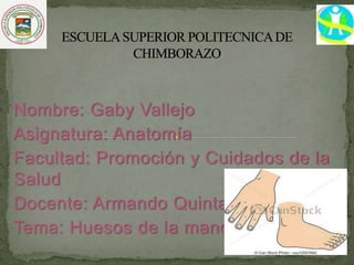 Nombre: Gaby Vallejo
Asignatura: Anatomía
Facultad: Promoción y Cuidados de la
Salud
Docente: Armando Quintana
Tema: Huesos de la mano y del pie
 