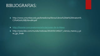 BIBLIOGRAFIAS:
 http://www.untumbes.edu.pe/bmedicina/libros/Libros%20de%20Anatom%
C3%ADa%20III/libro84.pdf
 http://fisiostar.com/anatomia/articulaciones-de-la-Mano
 http://www.bbc.com/mundo/noticias/2014/03/140227_ciencia_manos_y_pi
es_jgc_finde
 