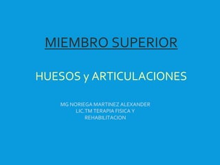 MIEMBRO SUPERIOR
HUESOS y ARTICULACIONES
MG NORIEGA MARTINEZ ALEXANDER
LIC.TM TERAPIA FISICA Y
REHABILITACION
 