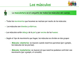 Los músculos La  musculatura   es el conjunto de todos los músculos del cuerpo. -  Todos los  movimientos  que hacemos se realizan por medio de los músculos. -   Los músculos son  blandos  y  elásticos . -  Los músculos están  debajo  de la  piel  y por  encima  de los  huesos . -  Según el tipo de movimiento que hagan, los músculos se dividen en dos grupos: -  Músculos voluntarios : se mueven cuando nosotros queremos (por ejemplo,  los músculos de las piernas).  -  Músculos involuntarios : se mueven sin que nosotros podamos controlar ese movimiento (por ejemplo, el corazón).  