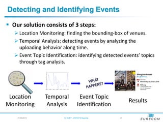 Detecting and Identifying Events

 Our solution consists of 3 steps:
    Location Monitoring: finding the bounding-box of venues.
    Temporal Analysis: detecting events by analyzing the
     uploading behavior along time.
    Event Topic Identification: identifying detected events’ topics
     through tag analysis.
                  14




                  12




                  10




                   8




                   6




                   4




                   2




                   0
                 10/05/01   10/05/06   10/05/11   10/05/16   10/05/21   10/05/26   10/05/31




 Location        Temporal                                                                      Event Topic
                                                                                                                      Results
Monitoring        Analysis                                                                    Identification
    21/05/2012                                                              B. HUET - VIGTA'12 Keynote         - 23
 