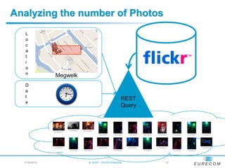 Analyzing the number of Photos
   L
   o
   c
   a
   t
   i
   o
   n
               Megwelk
  D
  a
  t
                                                  REST
  e
                                                  Query




  21/05/2012             B. HUET - VIGTA'12 Keynote       - 27
 