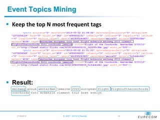 Event Topics Mining

 Keep the top N most frequent tags




 Result:
  melkweg anouk amsterdam jemaine 2010 european flight flightoftheconchords
  conchords fotc mckenzie clement tour bret evelyn




    21/05/2012               B. HUET - VIGTA'12 Keynote   - 32
 