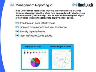 Management Reporting 2 Feedback on Zone effectiveness Improve customer and end user experience. Identify capacity issues. Spot ineffective Zones quickly. Hue Live enables resellers to improve the effectiveness of Zones through advanced reporting show how frequently individual devices were contacted (pass through rate) as well as the strength of signal which helps to identify appropriate deployment of Zones. Exposure to Zone RSSI Strength in Zones 