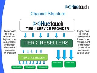 TIER 1 SERVICE PROVIDER CONSUMER TIER 2 RESELLERS  TIER 3   RESELLER CONSUMER CONSUMER CONSUMER CONSUMER CONSUMER Lower cost to Tier 2 reseller with higher order requirement and longer  channel to consumer or end user Higher cost to Tier 2 reseller with lower order requirement  and shorter  channel to consumer or end user Channel Structure 