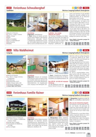 19
HÄUSER | PINZGAU | SALZBURGER LAND
Haus für 4-7 Personen
Ca. 90 m², 2 Etagen, 4 Zimmer
Balkon, Terrasse
Garten
Grill- und Spielplatz
Sat-TV im Aufenthaltsraum
Waschmaschine
Parkplatz
Ausstattung:
Erdgeschoss: Aufenthaltsraum
1. Stock: Vorhaus mit Sitzecke und Kühl-
schrank, Küche (4-Platten-E-Herd, Backrohr,
Kaffeemaschine, Mikrowelle, Esstisch),
2 Doppelzimmer, Dreibettzimmer mit Dop-
pel- und Einzelbett, Badezimmer mit kleiner
Wanne, Dusche und Waschmaschine, WC
Saalfelden - das sonnige
Talbecken der Saalach
Das Ferienhaus Schwaiberg ist ein Neben-
gebäude des Bauernhofes. Hier erleben Sie
Ferien direkt in der Natur. Die schroffen Ge-
birgszüge des Steinernen Meeres bilden
eine imposante Kulisse, die jedem
Bergsteiger Gipfelfreuden ver-
spricht. Das Ferienhaus ist sehr gemütlich
eingerichtet. Besonders auffällig sind die
Schlafzimmermöbel, die mit dekorativer
Bauernmalerei verziert wurden.
Der richtige Ort, um sich in der freien Natur
so richtig auszutoben. Für Kinder ist ein
Besuch im Stall ein tolles Erlebnis. Der Tau-
ernradweg führt direkt am Haus vorbei.
Badespaß verspricht der Ritzensee.
Im Winter ist der nahe Familienberg Hinter-
reit das ideale Areal für alle kleinen und
großen Anfänger. Die Schigebiete Leogang/
Saalbach-Hinterglemm, Maria Alm und Zell
am See-Kaprun erreichen Sie nach wenigen
Fahrminuten. Die bestens gespurte Lang-
laufloipe führt direkt am Haus vorbei.
Ferienhaus Schwaiberghof
Saalfelden Skicircus Leogang/Saalbach Hinterglemm
Dieses Objekt ist besonders geeignet für
“Urlaub mit Kindern”.
5,0 km 3,0 km - 15,0 km 15,0 km ab Haus 8,0 km 5,0 km 15,0 km
a b e h 780 m33097
Haus für 8-9 Personen
Ca. 140 m², 2 Etagen, 6 Zimmer,
4 Schlafzimmer
Zentralheizung
Internetanschluss, Sat-TV
Balkon, Terrasse, Garten, Grill
Überdachter Parkplatz beim Haus
Löwen Alpin Card Partner
Ausstattung:
Erdgeschoss: Vorraum mit Garderobe,
Wirtschaftsraum, Küche mit Sitzecke (4-Plat-
ten-Ceranfeld, Kühlschrank, Backrohr, Kaf-
feemaschine, Geschirrspüler, Wasserkocher),
Wohnschlafzimmer mit Doppelauszieh-
couch, Ausgang in den Wintergarten, WC
1. Stock: 2 Doppelzimmer, Einzelzimmer,
Zweibettzimmer, Badezimmer mit Wanne,
Duschkabine und Doppelwaschbecken, WC
Neu trifft Alt - am Fuße der Leoganger
Steinberge
Die Villa Waldheimat wurde vom
Besitzer liebevoll renoviert. Das
helle Holz schafft eine wohlige Atmosphäre
im Landhausstil, Möbel wie der “Speck-
schrank” in der Küche sind Zeitzeugen aus
den Jahren unserer Großeltern.
Die ruhige Lage besticht durch ihren weiten,
offenen Blick über die Wiesen zu den Leo-
ganger Bergen. Im Sommer wandern Sie
über sanfte Grasmatten von Hütte zu Hütte.
Auf der anderen Seite thronen die Leogan-
ger Steinberge, ein Paradies für Bergsteiger
und Kletterer.
Der Skicircus Leogang/Saalbach Hinter-
glemm gilt als eines der schönsten und
größten Schigebiete Österreichs. Pulver-
schnee und perfekt präparierte Pisten sor-
gen für ein wahres Schivergnügen.
Villa Waldheimat
Leogang Skicircus Leogang/Saalbach Hinterglemm
Dieses Objekt ist besonders geeignet für
“Urlaub mit Freunden”.
a b 850 m33380
1,0 km 1,0 km 0,5 km 4,0 km 2,0 km 0,5 km 22,0 km 1,0 km 4,0 km
Ferienhaus für bis zu 10 Personen
Ca. 170 m², 6 Räume, 4 Schlafzimmer,
2 Küchen, 4 Bäder
Zentrale Lage in Leogang
Terrasse/Garten mit Möblierung
und Griller
W-Lan verfügbar
Ausstattung:
Erdgeschoss: Küche (4 Platten-Ceranherd,
Kühlschrank mit Gefrierfach, Backrohr,
Filterkaffeemaschine, Wasserkocher), Ess-
bereich, Wohnzimmer, Kabel-TV, Zimmer mit
Doppel- und Einzelbett, Bad mit Dusche,
Badewanne, Abstellraum, WC
1. Obergeschoss: Balkon, Garderobe,
Wohnküche (4-Platten-Ceranherd, Backrohr,
Geschirrspüler, Kühlschrank, Gefrierschrank,
Filterkaffeemaschine, Wasserkocher), Essbe-
reich, Kabel-TV, Zimmer mit Doppel-
(180 x 180 cm) und Einzelbett, Bad mit
Dusche, Badewanne, WC, Doppel-
zimmer mit Bad
2.Obergeschoss:DoppelzimmermitBad,WC
Keller: Schi- und Abstellraum, Waschmaschine
Alles was das Urlauberherz begehrt
Das Ferienhaus ist wie geschaffen für Fami-
lien und Freunde, die gemeinsam als
Gruppe ihren Urlaub verbringen wollen. Die
Räume und Zimmer sind im rustikalen Land-
hausstil und zum Teil auch modern einge-
richtet.
Ihr Feriendomizil ist in einer kleinen Wohn-
siedlung, Supermarkt, Bäckerei, etc. sind in
nur wenigen Gehminuten erreichbar.
200 Pistenkilometer in allen Schwierigkeits-
stufen erwarten Sie im Skicircus Leogang -
Saalbach / Hinterglemm.
Ferienhaus Familie Rainer
Leogang Skicircus Leogang/Saalbach Hinterglemm
Dieses Objekt ist besonders geeignet für
“Urlaub mit Freunden”.
0,8 km 0,8 km 0,7 km 3,5 km 3,5 km 1,1 km 19,3 km 0,6 km 3,5 km
a b e h 810 m33505
 