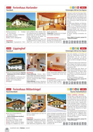 8-Raum-Ferienhaus in Hanglage
für 10-20 Personen
Ca. 180 m², 3 Etagen, 7 Schlafzimmer
Zentralheizung, Sat-TV
Balkon, Garten, Grillmöglichkeit
Ausstattung:
Erdgeschoss: Eingangsbereich, Wohn-
küche (3-Platten-E-Herd, Holzofen, Back-
rohr, Kaffeemaschine) mit Sitzgelegenheit,
Speisekammer mit Kühlschrank, Doppel-
zimmer, Schlafzimmer mit Doppel- und
Einzelbett, Bad, separates WC
1. Stock: 4 Schlafzimmer (2 davon sind
Durchgangszimmer) mit Doppel- und Ein-
zelbett bzw. -couch (eines mit Dusche),
Dusche, separates WC
Tiefgeschoss: Dreibettzimmer mit Doppel-
und Einzelbett, Waschbecken
Sonnenseite im Urlaub
Das sehr geräumige und zweckmäßig ein-
gerichtete, neu renovierte Ferien-
haus befindet sich oberhalb von
Taxenbach inmitten der Ferienregion Natio-
nalpark Hohe Tauern. Das Ferienhaus ist der
ideale Ausgangspunkt für Radtouren in die
Berge, aber auch der Tauernradweg ist ganz
in der Nähe. Nach einer Bergwanderung ist
eine Erfrischung im Zeller See genau das
Richtige.
Im Winter locken Abfahrten und Tiefschnee-
hänge, Höhenlanglaufloipen und Rodel-
partien. In nur 15 Autominuten erreichen
Sie die Schigebiete Zell am See-Kaprun,
Dorfgastein-Großarl oder Rauris. Schi-
tourengeher finden die besten Bedingungen
direkt vor dem Haus.
Im Winter unbedingt Schneeketten mit-
bringen!
Ferienhaus Harlander
Taxenbach Ferienregion Zell am See-Kaprun
Dieses Objekt ist besonders geeignet für
“Urlaub mit Freunden”.
2,0 km 2,0 km 2,0 km 15,0 km 15,0 km 2,0 km 15,0 km 10,0 km 15,0 km
a b e h 900 m33113
Haus mit 2 Ferienwohnungen (auch als
Kombination für 6-8 Pers. buchbar!)
Eigener Eingang
2-Raum-Wohnung, 2-4 Personen, 55 m²
3-Raum-Wohnung, 4 Personen, 65 m²
Balkon, Sat-TV, Schiabstellraum
Parkplätze
Ausstattung:
2-Raum-Wohnung: Vorraum, Wohn-
küche (4-Platten-Herd, Backrohr, Kühlschrank,
Kaffeemaschine, Wasserkocher), Doppelaus-
ziehcouch, Ausgang zum Balkon, Doppel-
zimmer, Dusche, WC
3-Raum-Wohung: Vorraum, Wohnküche
(4-Platten-Herd, Backrohr, Mikrowelle, Kühl-
schrank, Geschirrspüler, Kaffeemaschine) mit
Esstisch, 2 Doppelzimmer, Dusche, WC,
Abstellraum
Entspannung pur:
Der Lippinghof ist das perfekte Feriendomi-
zil, wenn Sie Urlaub in vollkom-
mener Ruhe suchen. Das Haus
liegt etwas abgelegen, am Sonnberg und
bietet eine unübertroffene Aussicht. Die
Räumlichkeiten sind neu, im österrei-
chischen Stil eingerichtet. Viel Holz und
Farben vermitteln ein behagliches Wohnge-
fühl.
Der Bauernhof nebenan lässt Kinderherzen
höher schlagen! Die Produkte vom eigenen
Hof sind ein Muss für jeden Feinschmecker
und garantiert BIO!
Neben Wanderungen über Wiesen und
Almen bietet die Kitzlochklamm eine span-
nende Abwechslung. Im Winter stehen
3 Schigebiete zur Auswahl: Zell am See-
Kaprun, Rauris und die Schischaukel Dorf-
gastein-Großarl.
Im Winter Schneeketten mitbringen!
Lippinghof
Taxenbach Ferienregion Zell am See-Kaprun
Dieses Objekt ist besonders geeignet für
“Urlaub mit Kindern”.
2,0 km 2,0 km 2,0 km 10,0 km 10,0 km 2,0 km 15,0 km 10,0 km 10,0 km
a b e k 900 m33398
22
SALZBURGER LAND | PINZGAU | HÄUSER
Haus mit 2x 4-Raum-Wohnung
für je 6 Personen
(auch als Kombination buchbar!)
eigene Eingänge
Ca. 90 m² je Wohnung, 2 Etagen
Zentralheizung, Holzofen, Sat-TV
Balkon, Terrasse, Freisitz mit Grillplatz
Garage mit 2 Stellplätzen (ca. 200 m
entfernt), Gepäcktransport zum Haus mit
dem Auto möglich
Ausstattung:
Erdgeschoss: Eingangsbereich, Wohnkü-
che (4-Platten-Herd, Backrohr, Kühlschrank,
Geschirrspüler, Kaffeemaschine, Mikro-
welle), Wohnzimmer, Doppelzimmer, 4-Bett-
zimmer mit Doppel- und Stockbett, Bad mit
Wanne und Dusche, kl. Bad mit Dusche, WC
1. Stock: Eingangsbereich, Wohnküche
(4-Platten-Herd, Backrohr, Kühlschrank, Ge-
schirrspüler, Kaffeemaschine, Mikrowelle),
Wohnzimmer mit Doppelausziehcouch,
2 Doppelzimmer, Bad mit Wanne
und Dusche, WC 
Erleben - entdecken - erforschen
Das Haus liegt in ruhiger Lage auf der Rau-
riser Höhe. Daneben befindet sich der Stall
der Hochlandrinder, die nur im Winter Ihre
Nachbarn sind. Das 300 Jahre alte Haus
wurde renoviert, wobei 2 separate Woh-
nungen geschaffen wurden. Die Wohnun-
gen sind geschmackvoll im Landhausstil
eingerichtet. Über 295 km markierte Wege
geben Ihnen die Gelegenheit die Region
kennen zu lernen.
Das Schigebiet Rauriser Hochalmbahnen ist
eines der schönsten im Alpenraum. Klein,
übersichtlich und mit  vielfältigen Pisten
ideal für Familien. Im Winter unbedingt
Schneeketten mitbringen!
Ferienhaus Mittertriegel
Rauris/Taxenbach Rauriser Hochalmbahnen
Dieses Objekt ist besonders geeignet für
“Urlaub mit Freunden”.
3,0 km 3,0 km - 3,0 km 3,0 km 3,0 km 28,0 km 3,0 km 3,0 km
a b e h k 1.000 m33241
 