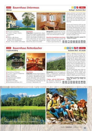 Bürgerausee in Kuchl - Blickrichtung auf das Göllmassiv Rast auf der Postalm - Interessierte Kühe in Abtenau
©TourismusverbandKuchl/MarkusReibenbacher
©www.tennengau.com/BernhardMoser
Bürgerausee in Kuchl - Blickrichtung auf das Göllmassiv Rast auf der Postalm - Interessierte Kühe in Abtenau
43
HÄUSER | TENNENGAU | SALZBURGER LAND
Haus für bis zu 8 Personen
Ca. 100 m², 2 Etagen, 5 Räume,
4 Schlafzimmer
Sat-TV
Holzöfen in allen Räumen
(zusätzlich elektrische Heizkörper),
ab Winter 2016: Zentralheizung
Garten, Terrasse möbliert, Grill, Parkplatz
Ausstattung:
Erdgeschoss: Eingangsbereich, Stiegen-
haus, Küche (4-Platten Ceranfeld, Backrohr,
Holzofen zum Kochen, Kühlschrank mit Ge-
frierfach, Geschirrspüler und Spüle) mit Ess-
bereich, Wohnzimmer mit Tisch, Eckbank
und Sessel, Doppelzimmer (Eingang vom
Wohnzimmer), Bad mit Dusche/WC
Obergeschoss: Doppelzimmer mit Couch,
Doppelzimmer (Verbindungstüre), Doppel-
zimmer über Verbindungstüre erreichbar
Bäuerliche Gemütlichkeit einst & jetzt
Knarrende Dielen, stirnhohe Türstöcke, alte
Holzöfen in der Küche. Der Urlaub
in diesem urigen Bauernhaus ist
absolut authentisch. Die Vermieter legen
viel Wert darauf, das alte Gemäuer zu erhal-
ten und somit haben einzelne Türen und
Hausbereiche einen Museumsstatus. Den-
noch ist vieles neu. Neue Fliesenböden, viel
Holz und eine neue Stube stehen für gemüt-
liches Flair.
Von der neuen Terrasse aus sieht man über
die weiten Felder in das dünn besiedelte Tal,
die mächtigen Berghänge lassen die Häuser
winzig erscheinen. Unzählige Almengebiete
mit herrlichen bewirtschafteten Hütten war-
ten auf naturhungrige Bergfexe. Nur ca. 50
km von der Stadt Salzburg entfernt, kommt
die Kultur keinesfalls zu kurz.
Bauernhaus Untermoas
Abtenau Karkogel - Dachstein West
Dieses Objekt ist besonders geeignet für
“Urlaub mit Freunden”.
1,8 km 0,3 km 0,3 km 0,3 km 0,3 km ab Haus 20,3 km 1,8 km 0,3 km
a b g 708 m33514
Haus für bis zu 10 Personen
Ca. 120 m², 5 Räume, 4 Schlafzimmer
SAT-TV, Kachelofen
Balkon, Grill, Brunnen
eingezäunter Garten (möbliert)
Hundeauslaufplatz
Baumhaus zum Spielen
Panoramasauna (ab Winter 2015)
Ausstattung:
Erdgeschoss: Vorraum, Küche (4 Platten-E-
Herd, Backrohr, Geschirrspüler, Kühlschrank
mit Gefrierfach, Filterkaffeemaschine, Was-
serkocher, Mikrowelle, Toaster, Kachelofen),
Essbereich für 10 Personen, Wohnzimmer
mit Couchlandschaft, Zweibettzimmer, Bad
mit Dusche, 2 Waschbecken, WC
Obergeschoss: Vorraum mit Ausgang zum
Balkon, 2 Doppelzimmer, Vierbettzimmer
mit Doppel- und Stockbett, Bad mit Dusche,
2 Waschbecken, WC
1 Region - mehr als 1000 Eindrücke
Das Bauernhaus Rettenbacher
liegt umgeben von Wiesen und
Wäldern in Alleinlage auf einer kleinen An-
höhe über dem Ortsteil Promberg. Wenn
der Blick auf die imposanten Gipfel des Ten-
nengebirges fällt, pochen Bergfex-Herzen
schneller. Teils mit Vollholzmöbel ausgestat-
tet, sind die Zimmer rustikal und gemütlich
eingerichtet. Durch den urigen Charme er-
lebt man Urlaub mit Wohlfühlcharakter. Der
großzügige, bunt blühende Garten mit
Baumhaus lädt Groß und Klein zum geselli-
gen Verweilen ein.
Zahlreiche Wanderwege starten direkt vom
Haus in die umliegende Bergwelt. Das
Dachsteinmassiv und Ski amadé bietet
ideale Bedingungen für verschiedenste Ak-
tivitäten im Winter sowie auch im Sommer.
Bauernhaus Rettenbacher
Lungötz/Annaberg Dachstein West - Ski amadé
Dieses Objekt ist besonders geeignet für
“Urlaub mit Kindern” und “Urlaub mit
Freunden”.
1,0 km 1,5 km 0,6 km 3,0 km 3,0 km 1,1 km 14,0 km 1,2 km 4,0 km
a b c f g h 870 m33495
 