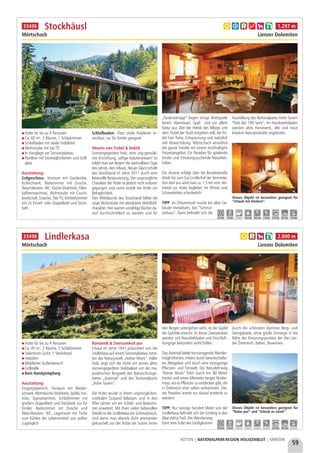 59
HÜTTEN | NATIONALPARK-REGION HEILIGENBLUT | KÄRNTEN
Hütte für bis zu 4 Personen
Ca. 60 m², 3 Räume, 1 Schlafzimmer
Schlafboden mit steiler Holzleiter
Wohnstube mit Sat-TV
In Hanglage am Sonnenplateau
Pavillion mit Sitzmöglichkeiten und Grill-
platz
Ausstattung:
Erdgeschoss: Vorraum mit Garderobe,
Kühlschrank, Badezimmer mit Dusche,
Waschbecken, WC, Küche (Holzherd, Filter-
kaffeemaschine), Wohnstube mit Couch-
landschaft, Essecke, Flat-TV, Vierbettzimmer
mit 2x Einzel- oder Doppelbett und Stock-
bett
Schlafboden: Über steile Holzleiter er-
reichbar, nur für Kinder geeignet
Abseits von Trubel & Hektik
Sonnengegerbtes Holz, eine urig-gemütli-
che Einrichtung, saftige Kräuterwiesen! So
erlebt man am Besten die wertvollsten Tage
des Jahres, den Urlaub. Neuen Glanz erhielt
das Stockhäusl im Jahre 2011 durch eine
liebevolle Restaurierung. Der ursprüngliche
Charakter der Hütte ist jedoch nicht verloren
gegangen und somit strahlt die Hütte vor
Behaglichkeit.
Den Mittelpunkt des Stockhäusl bildet die
urige Wohnstube mit absolutem Wohlfühl-
charakter. Hier warten unzählige Bücher da-
rauf durchschmökert zu werden und für
„Faulenzertage“ liegen einige Brettspiele
bereit. Abenteuer, Spaß  und vor allem
Natur pur. Wer der Hektik des Alltags und
dem Trubel der Stadt entgehen will, der fin-
det hier Ruhe, Entspannung und natürlich
viel Abwechslung. Mörtschach verwöhnt
die ganze Familie mit einem reichhaltigen
Freizeitangebot. Ein Paradies für spielende
Kinder und Erholungssuchende Naturlieb-
haber.
Die Anreise erfolgt über die Bundesstraße
direkt bis zum Gut Lindlerhof der Vermieter.
Von dort aus wird man ca. 1,5 km vom Ver-
mieter zur Hütte begleitet. Im Winter sind
Schneeketten erforderlich!
TIPP: Im Ortszentrum wurde ein altes Ge-
bäude revitalisiert, das “Schmut-
zerhaus”. Darin befindet sich die
Ausstellung des Nationalparks Hohe Tauern
“Park der 100 Seen“. Im Handwerksladen
werden altes Handwerk, alte und neue
kreative Naturprodukte angeboten.
Stockhäusl
Mörtschach Lienzer Dolomiten
a b c g h k 1.297 m
3,5 km 1,5 km - 16,5 km 16,5 km 1,6 km 21,5 km 8,5 km 16,5 km
33496
Dieses Objekt ist besonders geeignet für
“Urlaub mit Kindern”.
Hütte für bis zu 4 Personen
Ca. 45 m², 2 Räume, 1 Schlafzimmer
Solarstrom (Licht, 1 Steckdose)
Holzofen
Möblierter Außenbereich
Grillstelle
Kein Handyempfang
Ausstattung:
Eingangsbereich, Vorraum mit Kleider-
schrank, Wohnküche (Holzherd, Spüle), Ess-
ecke, Speisekammer, Schlafzimmer mit
großem Doppelbett und Stockbett nur für
Kinder, Badezimmer mit Dusche und
Waschbecken, WC, Lagerraum mit Truhe
zum Kühlen der Lebensmittel, von außen
zugänglich
Romantik & Zweisamkeit pur
Erbaut im Jahre 1941 präsentiert sich die
Lindlerkasa auf einem Sonnenplateau inmit-
ten des Naturjuwels „Astner Moos“. Voller
Stolz zeigt sich die Hütte mit seinen alten
sonnengegerbten Holzbalken vor der ma-
jestätischen Bergwelt des Naturschutzge-
bietes „Astental“ und des Nationalparks
„Hohe Tauern“.
Die Hütte wurde in ihrem ursprünglichen,
rustikalen Zustand belassen und in den
90er Jahren um ein Schlaf- und Badezim-
mer erweitert. Mit ihren vielen liebevollen
Details ist die Lindlerkasa ein Schmuckstück.
Und wenn man abends dicht aneinander
gekuschelt vor der Hütte die Sonne hinter
den Bergen untergehen sieht, ist der Gipfel
der Gefühle erreicht. In dieser Zweisamkeit
werden sich Naturliebhaber und Frischluft-
hungrige besonders wohl fühlen.
Das Astental bietet hervorragende Wander-
möglichkeiten, mitten durch bewirtschafte-
tes Almgebiet und durch eine einzigartige
Pflanzen- und Tierwelt. Der Naturlehrweg
“Astner Moos” führt durch ein 80 Meter
breites und einen Kilometer langes Nieder-
moor, wo es Pflanzen zu entdecken gibt, die
in Österreich eher selten vorkommen. Die-
ses Paradies wartet nur darauf entdeckt zu
werden!
TIPP: Nur wenige hundert Meter von der
Lindlerkasa befindet sich der Einstieg in den
Alpe-Adria-Trail. Der Wanderweg
führt vom Fuße des Großglockner
durch die schönsten Kärntner Berg- und
Seengebiete, ohne große Umwege in die
Nähe des Kreuzungspunktes der drei Län-
der Österreich, Italien, Slowenien.
Lindlerkasa
Mörtschach Lienzer Dolomiten
Dieses Objekt ist besonders geeignet für
“Natur pur” und “Urlaub zu zweit”.
a c h k 2.000 m
10,0 km 2,0 km - - - - 33,0 km 19,0 km -
33498
 