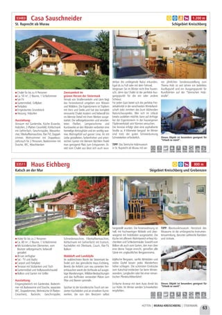 63
HÜTTEN | MURAU-KREISCHBERG | STEIERMARK
Hütte für bis zu 2 Personen
Ca. 80 m², 2 Räume, 1 Schlafzimmer
Mit künstlerischen Elementen, vom
Besitzer selbstgemacht, liebevoll
gestaltet
W-Lan verfügbar
Sat - TV und Radio
Carport und Parkplatz
Terrasse mit Sitzbänken und Tisch
Gartenmöbel und Hollywoodschaukel
Balkon und Garten mit Griller
Ausstattung:
Eingangsbereich mit Garderobe, Badezim-
mer mit Badewanne und Dusche, separates
WC, Doppelzimmer, Wohnküche (4 Platten-
Ceranherd, Backrohr, Geschirrspüler,
Schneidemaschine, Filterkaffeemaschine,
Kühlschrank mit Gefrierfach) mit Esstisch,
Kachelofen mit Ofenbank, Couch, Flat-TV,
Balkon
Waldduft und Landidylle
Im waldreichsten Bezirk der Steiermark be-
findet sich das gemütliche Haus Eichberg.
Bereits die Anfahrt zum neu sanierten Feri-
enhäuschen weckt die Vorfreude auf ausgie-
bige Wanderungen, Wildtier-Beobachtungen
und das Auffinden versteckter Plätze zum
Pilze und Beeren sammeln.
Spürbar ist der künstlerische Touch am ver-
zierten Kachelofen und an einzelnen Kunst-
werken, die von den Besitzern selbst
hergestellt wurden. Die Ferienwohnung ist
hell, mit hochwertigen Möbeln und über-
wiegend mit Holzböden ausgestattet. Die
Küche mit offenem Wohnbereich erfreut Kü-
chenfeen und Schleckermäuler. Sowohl vom
Balkon als auch vom Garten, den man über
eine kleine Treppe erreicht, genießen alle
Gäste ein unglaubliches Bergpanorama.
Idyllische Bergseen, sanfte Almböden und
stolze Gipfel lassen jedes Wanderherz
höher schlagen. Die schönsten Eindrücke
vom Katschtal entdecken Sie beim Winter-
wandern, Langlaufen oder bei einer roman-
tischen Pferdeschlittenfahrt!
Einfache Anreise mit dem Auto direkt bis
zur Hütte. Im Winter werden Schneeketten
empfohlen.
TIPP: Blasmusikmuseum: Herzstück des
Museums ist die umfangreiche Instrumen-
tensammlung, darunter zahlreiche Raritäten
und Unikate.
Haus Eichberg
Katsch an der Mur Skigebiet Kreischberg und Grebenzen
Dieses Objekt ist besonders geeignet für
“Urlaub zu zweit”.
a b h 800 m33511
4,7 km 0,5 km - 25,0 km - 4,7 km 18,0 km 31,0 km 25,0 km
Chalet für bis zu 4 Personen
Ca. 50 m², 2 Räume, 1 Schlafzimmer
Sat-TV
Gartenmöbel, Grillplatz
Parkplatz
Eingezäuntes Grundstück
Heizung: Holzofen
Ausstattung:
Vorraum mit Garderobe, Küche (Essecke,
Holzofen, 2-Platten Ceranfeld, Kühlschrank
mit Gefrierfach, Geschirrspüler, Wasserko-
cher, Filterkaffeemaschine, Flat-TV), Doppel-
zimmer, Wohnzimmer mit Doppelaus-
ziehcouch für 2 Personen, Badezimmer mit
Dusche, WC, Waschbecken
Zweisamkeit im
grünen Herzen der Steiermark
Fernab von Straßenverkehr und Lärm liegt
das Feriendomizil umgeben von Wiesen
und Wäldern. Die Eigentümerin ist Töpferin
mit Herz und Seele und hat das komplett
renovierte Chalet modern und liebevoll bis
ins kleinste Detail mit ihren Werken ausge-
stattet. Die selbstgebrannten und verarbei-
teten Fließen, Lampenschirme und
Kunstwerke an den Wänden verbreiten eine
heimelige Atmosphäre und ein wohlig war-
mes Wohngefühl auf ganzer Linie. Im mit
Liebe gestalteten, farbenfrohen und arten-
reichen Garten mit kleinem Bächlein findet
man genügend Platz zum Entspannen. Di-
rekt vom Chalet aus lässt sich auch wun-
derbar die umliegende Natur erkunden.
Egal ob zu Fuß oder mit dem Fahrrad.
Vergessen Sie im Winter nicht Ihre Touren-
schi, denn das Chalet ist der perfekte Aus-
gangspunkt für die ein oder andere
Schitour.
Für jeden Gast bietet sich die perfekte Frei-
zeitaktivität in der verschneiten Winterland-
schaft oder inmitten des bunt blühenden
Naturschauspieles. Wer sich im Urlaub
kreativ ausleben möchte, kann auf Anfrage
bei der Eigentümerin in der hauseigenen
Töpferwerkstatt sein Können versuchen.
Die Anreise erfolgt über eine asphaltierte
Straße ca. 4 Kilometer bergauf. Im Winter
sind trotz der guten Schneeräumung
Schneeketten erforderlich.
TIPP: Das Steirische Holzmuseum
in St. Ruprecht ob Murau mit sei-
ner jährlichen Sonderausstellung zum
Thema Holz ist seit Jahren ein beliebtes
Ausflugsziel und ein Ausgangspunkt für
Rundfahrten auf der “Steirischen Holz-
straße”.
Casa Sauschneider
St. Ruprecht ob Murau Schigebiet Kreischberg
Dieses Objekt ist besonders geeignet für
“Urlaub zu zweit”.
a b e h 1.200 m
4,0 km 4,0 km - 13,0 km 12,0 km 5,0 km 16,0 km 8,7 km 12,0 km
33483
 