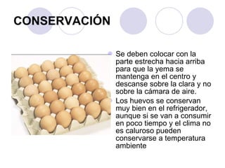 CONSERVACIÓN Se deben colocar con la parte estrecha hacia arriba para que la yema se mantenga en el centro y descanse sobre la clara y no sobre la cámara de aire. Los huevos se conservan muy bien en el refrigerador, aunque si se van a consumir en poco tiempo y el clima no es caluroso pueden conservarse a temperatura ambiente 