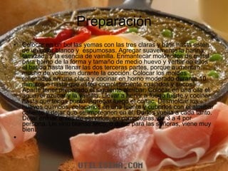 Preparación Colocar en un bol las yemas con las tres claras y batir hasta estén de un color blanco y  espumosas. Agregar suavemente la harina tamizada y la esencia de vainilla. Enmantecar moldecitos de metal para horno de la forma y tamaño de medio huevo y verter en ellos el batido hasta llenar las dos terceras partes, porque aumentan mucho de volumen durante la cocción. Colocar los moldes rellenados en una placa y cocinar en horno moderado durante 10 minutos o hasta que estén completamente cuajados y secos. Aparte tener preparado el siguiente almíbar: Colocar en una olla el agua, el azúcar y la vainilla. Llevar a hervir a fuego fuerte y cocinar hasta que tenga punto. Agregar luego el coñac. Desmoldar los huevos quimbos, colocarlos en una fuente y cubrirlos con el almíbar caliente y dejar que se impregnen en él. Darlos vuelta a cada tanto. Dejar enfriar antes de servirlos, en compoteras, de 3 a 4 por persona. Un vino blanco seco, o dulce para las señoras, viene muy bien.   