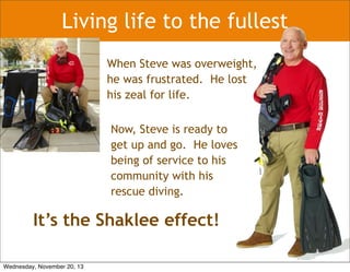 Living life to the fullest
When Steve was overweight,
he was frustrated. He lost
his zeal for life.
Now, Steve is ready to
get up and go. He loves
being of service to his
community with his
rescue diving.
It’s the Shaklee effect!
Wednesday, November 20, 13
 
