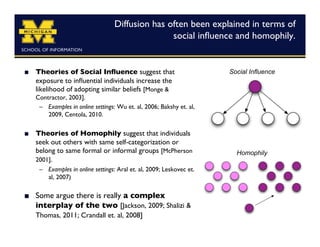Diffusion has often been explained in terms of
                                                   social inﬂuence and homophily.	



    Theories of Social Inﬂuence suggest that                           Social Influence
     exposure to inﬂuential individuals increase the
     likelihood of adopting similar beliefs [Monge 
     Contractor, 2003].	

      –  Examples in online settings: Wu et. al, 2006; Bakshy et. al,
         2009, Centola, 2010.

    Theories of Homophily suggest that individuals
     seek out others with same self-categorization or
     belong to same formal or informal groups [McPherson                  Homophily
     2001]. 	

      –  Examples in online settings: Aral et. al, 2009; Leskovec et.
         al, 2007)

    Some argue there is really a complex
     interplay of the two [Jackson, 2009; Shalizi 
     Thomas, 2011; Crandall et. al, 2008] 	

 