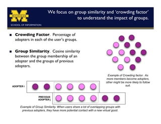 We focus on group similarity and ‘crowding factor’
                                          to understand the impact of groups. 	



    Crowding Factor. Percentage of
     adopters in each of the user’s groups.	


    Group Similarity. Cosine similarity
     between the group membership of an
     adopter and the groups of previous
     adopters.

                                                                           Example of Crowding factor. As
                                                                          more members become adopters,
                                                                          other might be more likely to follow
                                                                                         suit.




        Example of Group Similarity. When users share a lot of overlapping groups with
         previous adopters, they have more potential contact with a new virtual good.
 