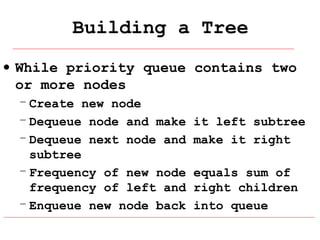 Building a Tree
• While priority queue contains two
or more nodes
– Create new node
– Dequeue node and make
– Dequeue next node and
subtree
– Frequency of new node
frequency of left and
– Enqueue new node back

it left subtree
make it right
equals sum of
right children
into queue

 