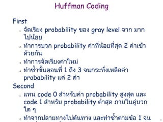 Huffman Coding
1
First
1. จัดเรียง probability ของ gray level จาก มาก
ไปน้อย
2. ทำาการบวก probability ค่าที่น้อยที่สุด 2 ค่าเข้า
ด้วยกัน
3. ทำาการจัดเรียงค่าใหม่
4. ทำาซำ้าขั้นตอนที่ 1 ถึง 3 จนกระทั่งเหลือค่า
probability แค่ 2 ค่า
Second
1. แทน code 0 สำาหรับค่า probability สูงสุด และ
code 1 สำาหรับ probability ตำ่าสุด ภายในคู่บวก
ใด ๆ
2. ทำาจากปลายทางไปต้นทาง และทำาซำ้าตามข้อ 1 จน
 