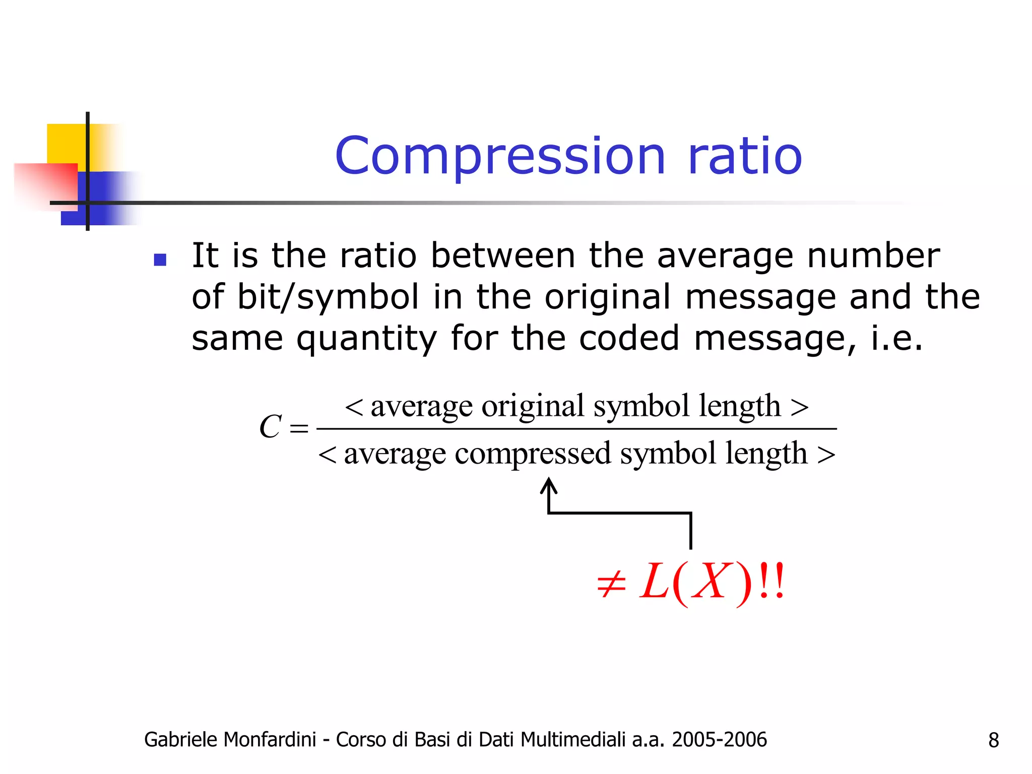 Gabriele Monfardini - Corso di Basi di Dati Multimediali a.a. 2005-2006 8
Compression ratio
 It is the ratio between the average number
of bit/symbol in the original message and the
same quantity for the coded message, i.e.
average original symbol length
average compressed symbol length
C
 

 
( )!!
L X

 