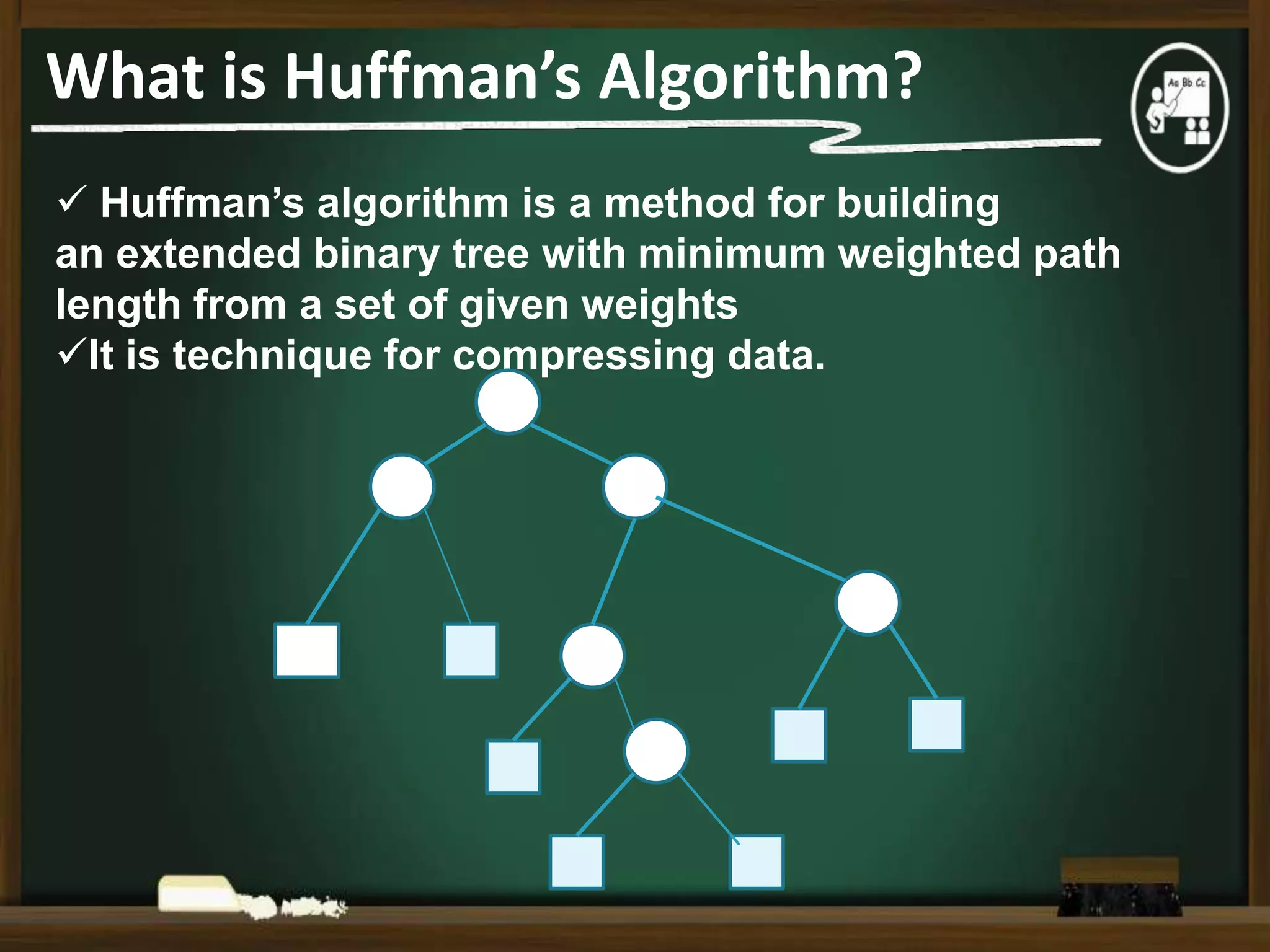 What is Huffman’s Algorithm?
 Huffman’s algorithm is a method for building
an extended binary tree with minimum weighted path
length from a set of given weights
It is technique for compressing data.

 