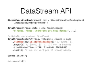 DataStream API
StreamExecutionEnvironment env = StreamExecutionEnvironment 
.getExecutionEnvironment()
DataStream<String> data = env.fromElements(
"O Romeo, Romeo! wherefore art thou Romeo?”, ...);
// DataStream Windowed WordCount
DataStream<Tuple2<String, Integer>> counts = data
.flatMap(new SplitByWhitespace()) // (word, 1)
.keyBy(0) // [word, [1, 1, …]] for 10 seconds
.timeWindow(Time.of(10, TimeUnit.SECONDS))
.sum(1); // sum per word per 10 second window
counts.print();
env.execute();
 