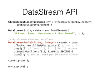 DataStream API
StreamExecutionEnvironment env = StreamExecutionEnvironment 
.getExecutionEnvironment()
DataStream<String> data = env.fromElements(
"O Romeo, Romeo! wherefore art thou Romeo?”, ...);
// DataStream Windowed WordCount
DataStream<Tuple2<String, Integer>> counts = data
.flatMap(new SplitByWhitespace()) // (word, 1)
.keyBy(0) // [word, [1, 1, …]] for 10 seconds
.timeWindow(Time.of(10, TimeUnit.SECONDS))
.sum(1); // sum per word per 10 second window
counts.print();
env.execute();
 