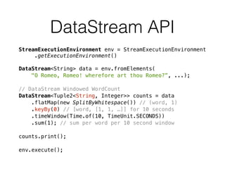 DataStream API
StreamExecutionEnvironment env = StreamExecutionEnvironment 
.getExecutionEnvironment()
DataStream<String> data = env.fromElements(
"O Romeo, Romeo! wherefore art thou Romeo?”, ...);
// DataStream Windowed WordCount
DataStream<Tuple2<String, Integer>> counts = data
.flatMap(new SplitByWhitespace()) // (word, 1)
.keyBy(0) // [word, [1, 1, …]] for 10 seconds
.timeWindow(Time.of(10, TimeUnit.SECONDS))
.sum(1); // sum per word per 10 second window
counts.print();
env.execute();
 
