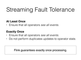 Streaming Fault Tolerance
At Least Once
• Ensure that all operators see all events.
Exactly Once
• Ensure that all operators see all events.
• Do not perform duplicates updates to operator state.
Flink guarantees exactly once processing.
 