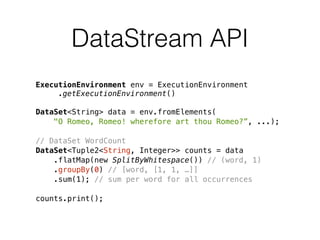 DataStream API
ExecutionEnvironment env = ExecutionEnvironment 
.getExecutionEnvironment()
DataSet<String> data = env.fromElements(
"O Romeo, Romeo! wherefore art thou Romeo?”, ...);
// DataSet WordCount
DataSet<Tuple2<String, Integer>> counts = data
.flatMap(new SplitByWhitespace()) // (word, 1)
.groupBy(0) // [word, [1, 1, …]]
.sum(1); // sum per word for all occurrences
counts.print();
 