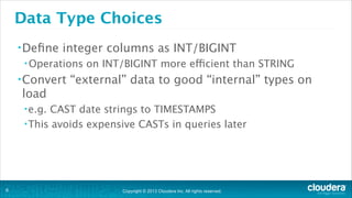 Data Type Choices
• Deﬁne

integer columns as INT/BIGINT

• Operations

• Convert

on INT/BIGINT more efficient than STRING

“external” data to good “internal” types on

load
• e.g.

CAST date strings to TIMESTAMPS
• This avoids expensive CASTs in queries later

!6

Copyright © 2013 Cloudera Inc. All rights reserved.

 