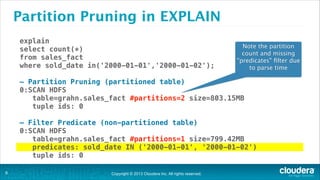 Partition Pruning in EXPLAIN
explain
select count(*)
from sales_fact
where sold_date in('2000-01-01','2000-01-02');

Note the partition
count and missing
“predicates” ﬁlter due
to parse time

!

— Partition Pruning (partitioned table)
0:SCAN HDFS
table=grahn.sales_fact #partitions=2 size=803.15MB
tuple ids: 0
!

— Filter Predicate (non-partitioned table)
0:SCAN HDFS
table=grahn.sales_fact #partitions=1 size=799.42MB
predicates: sold_date IN ('2000-01-01', '2000-01-02')
tuple ids: 0
!8

Copyright © 2013 Cloudera Inc. All rights reserved.

 