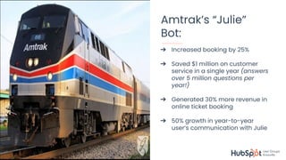 #KnoxHUG
Amtrak’s “Julie”
Bot:
➔ Increased booking by 25%
➔ Saved $1 million on customer
service in a single year (answers
over 5 million questions per
year!)
➔ Generated 30% more revenue in
online ticket booking
➔ 50% growth in year-to-year
user’s communication with Julie
 