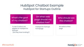 #KnoxHUG
HubSpot Chatbot Example
HubSpot for Startups Outline
To see if visitors are
eligible for HubSpot for
Startups
(do they have funding?)
What’s the goal
of my chatbot?
HubSpot for Startups
homepage
On what web
page should my
chatbot live?
All visitors of this
page
Who should see
the chatbot?
 