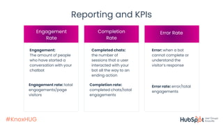 #KnoxHUG
Reporting and KPIs
Engagement:
The amount of people
who have started a
conversation with your
chatbot
Engagement
Rate
Engagement rate: total
engagements/page
visitors
Completed chats:
the number of
sessions that a user
interacted with your
bot all the way to an
ending action
Completion
Rate
Completion rate:
completed chats/total
engagements
Error: when a bot
cannot complete or
understand the
visitor’s response
Error Rate
Error rate: error/total
engagements
 
