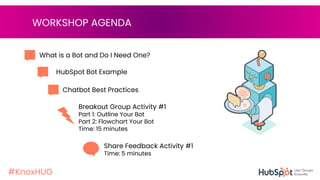 #KnoxHUG
What is a Bot and Do I Need One?
e in your HubSpot portal (free
WORKSHOP AGENDA
Breakout Group Activity #1
Part 1: Outline Your Bot
Part 2: Flowchart Your Bot
Time: 15 minutes
e in your HubSpot portal
(free level or above).
HubSpot Bot Example
Chatbot Best Practices
Share Feedback Activity #1
Time: 5 minutes
 