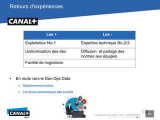 13Copyright Groupe CANAL+ 2016 – CONFIDENTIEL 13
Retours d’expériences
• En route vers le Dev-Ops Data
 Déploiement continu
 Livraison automatique des scripts
Les + Les -
Exploitation Niv.1 Expertise technique Niv.2/3
Uniformisation des dev. Diffusion et partage des
normes aux équipes
Facilité de migrations
 