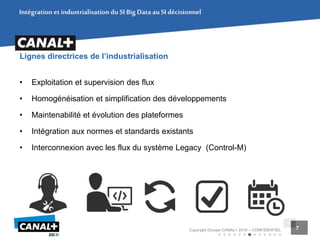 7Copyright Groupe CANAL+ 2016 – CONFIDENTIEL 7
Intégration et industrialisation duSIBig DataauSIdécisionnel
Lignes directrices de l’industrialisation
• Exploitation et supervision des flux
• Homogénéisation et simplification des développements
• Maintenabilité et évolution des plateformes
• Intégration aux normes et standards existants
• Interconnexion avec les flux du système Legacy (Control-M)
 