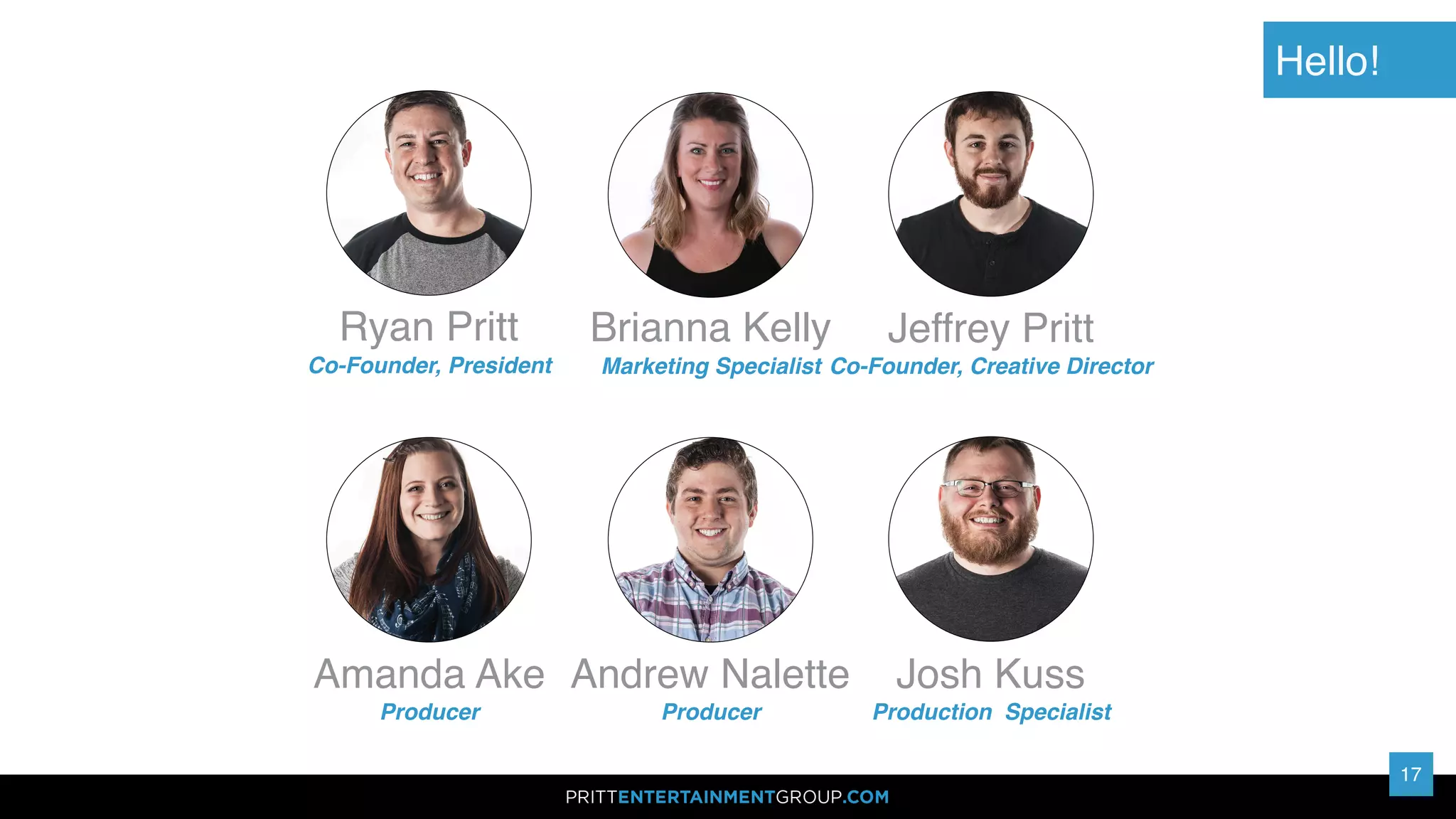 Hello!
Ryan Pritt
Co-Founder, President
Jeffrey Pritt
Co-Founder, Creative Director
Brianna Kelly
Marketing Specialist
17
Amanda Ake
Producer
Andrew Nalette
Producer
Josh Kuss
Production Specialist
 