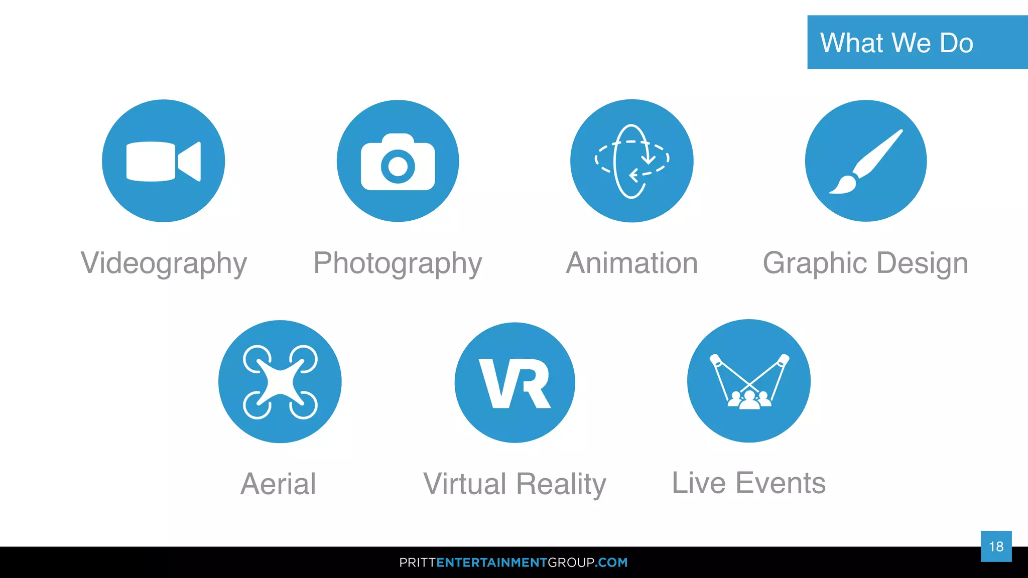 What We Do
18
Videography Photography Animation Graphic Design
Virtual RealityAerial Live Events
 