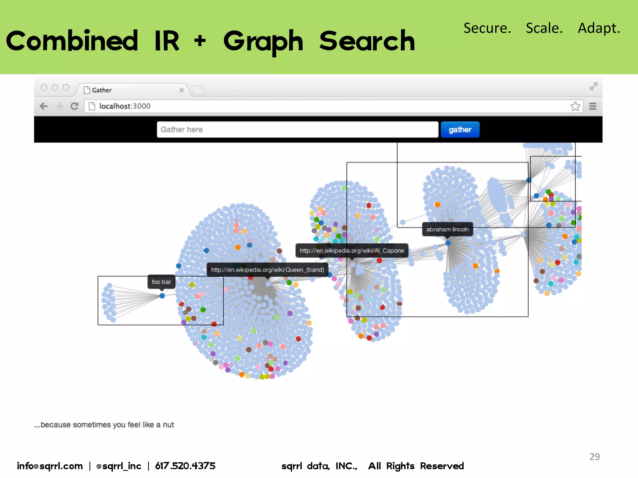 Combined  IR  +  Graph  Search  
29	
  
Secure.	
  	
  	
  	
  Scale.	
  	
  	
  	
  Adapt.	
  
info@sqrrl.com  |  @sqrrl_inc  |  617.520.4375                          sqrrl  data,  INC.,    All  Rights  Reserved  
 