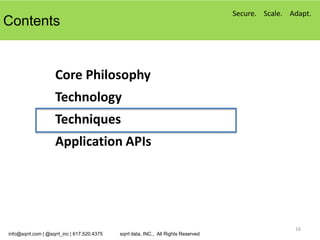 Secure. Scale. Adapt.
Contents


                    Core Philosophy
                    Technology
                    Techniques
                    Application APIs




                                                                                                     16
info@sqrrl.com | @sqrrl_inc | 617.520.4375   sqrrl data, INC., All Rights Reserved
 