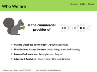 Secure. Scale. Adapt.
Who We are



                                     is the commercial
                                         provider of


                Mature Database Technology - Apache Accumulo
                Fine-Grained Access Controls - Data Integration and Sharing
                Proven Performance - Petabytes and Beyond
                Advanced Analytics - Search, Statistics, and Graphs


                                                                                                      2
info@sqrrl.com | @sqrrl_inc | 617.520.4375   sqrrl data, INC., All Rights Reserved
 