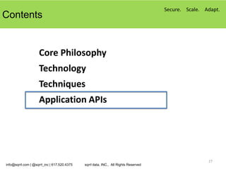 Secure. Scale. Adapt.
Contents


                    Core Philosophy
                    Technology
                    Techniques
                    Application APIs




                                                                                                     27
info@sqrrl.com | @sqrrl_inc | 617.520.4375   sqrrl data, INC., All Rights Reserved
 