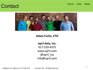 Secure. Scale. Adapt.
Contact




                                              Adam Fuchs, CTO

                                                  sqrrl data, Inc.
                                                  617-520-4375
                                                 www.sqrrl.com
                                                    @sqrrl_inc
                                                 info@sqrrl.com

                                                                                                     32
info@sqrrl.com | @sqrrl_inc | 617.520.4375   sqrrl data, INC., All Rights Reserved
 