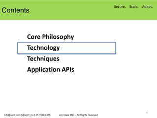 Secure. Scale. Adapt.
Contents


                    Core Philosophy
                    Technology
                    Techniques
                    Application APIs




                                                                                                      6
info@sqrrl.com | @sqrrl_inc | 617.520.4375   sqrrl data, INC., All Rights Reserved
 