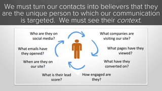 We must turn our contacts into believers that they
are the unique person to which our communication
is targeted. We must s...