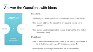 Answer the Questions with Ideas
Questions:
What insights can we gain from our data to improve conversions?
How can we address the issues that are causing people not to
convert?
How can we use the reasons that people do convert to drive higher
conversion rates?
Objectives:
A list of well-informed experiment ideas, in the form of hypotheses (if
we do X, then we can expect Y to occur, because Z)
Bonus points: prioritize your ideas with the ICE framework!
STEP 3
 