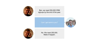 Ben, we need 250,000 CRM
signups by the end of the year.
Can I get back to you?
No. We need 250,000.
Make it happen.
 