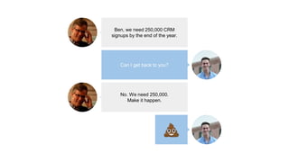 Ben, we need 250,000 CRM
signups by the end of the year.
Can I get back to you?
No. We need 250,000.
Make it happen.
 