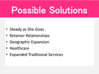 • Steady as She Goes
• Retainer Relationships
• Geographic Expansion
• Healthcare
• Expanded Traditional Services
Possible...